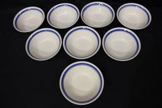 Set Of 8 Vintage Hand Painted Stoneware China Blue Band 7 " Coupe Cereal Bowls