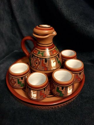 Vintage South American Cusco Peru Folk Art 8 - Piece Pottery Tea Set Signed