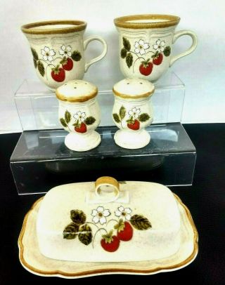 Mikasa Strawberry 1/4 Lb Covered Butter Dish/ Salt & Pepper & 2 Coffee/ Tea Cups