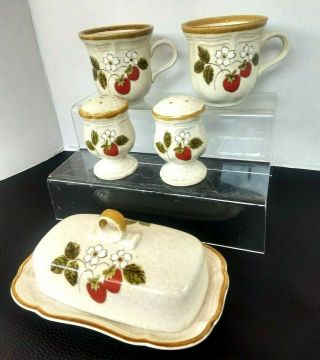 Mikasa Strawberry 1/4 LB Covered Butter dish/ Salt & Pepper & 2 Coffee/ Tea Cups 7