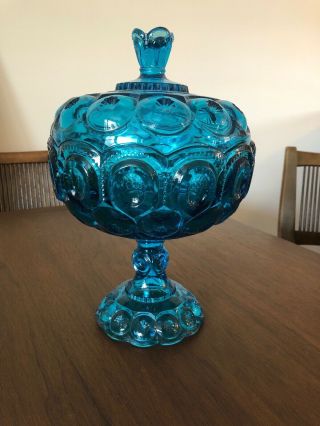 Htf Huge Blue L E Smith Moon And Stars Covered Compote Pedestal Candy Dish,  Lid