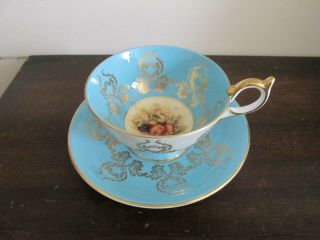 Aynsley England Tea Cup And Saucer Orchard Fruit Turquoise Blue Gold