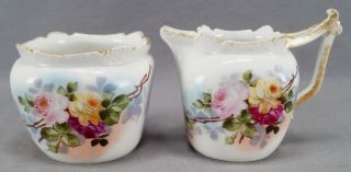 T & V Limoges Hand Painted Pink & Yellow Roses & Gold Creamer & Sugar C1892 - 1907