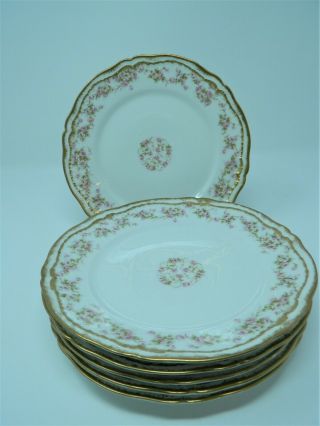 6 Theodore Haviland Limoges Luncheon Plates Schleiger 844 Pink Roses Double Gold