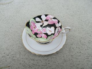 Paragon H.  M.  Queen Mary Black Pink Rose Lavender Tea Cup & Saucer 1940 