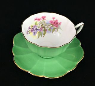 Shelley Green Tea Cup & Saucer Stratford Shape 0578 Floral Interior Gold Trim