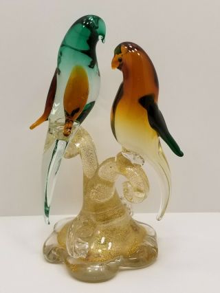Vintage Murano Hand Blown Glass Love Birds On Gold Flake Stand