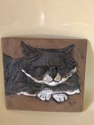 Vintage David L Davis Dld Studio Pottery Cat Face Tile Plaque Picture Hand Made