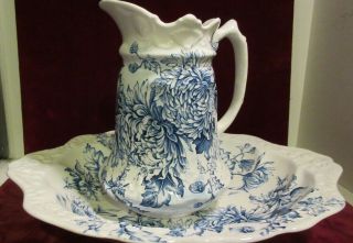 2 Pc.  James Kent Old Foley Chrysanthemum Pitcher & Wash Bowl Set Blue White D53