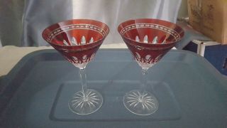 Pair Brilliant 7 " Cut Glass Cranberry Red Cut To Clear Stem Goblets Vgc {025
