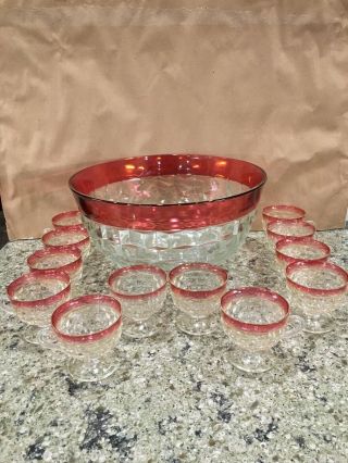 Vintage Indiana Glass Whitehall Colony Red Trim Punch Bowl Set 12 Cups Euc