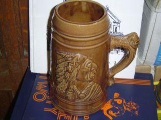 Rare Old Sleepy Eye Brown Pottery Stein Tankard Mug Indian Chief Stoneware