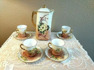 Antique Porcelain Chocolate Tea Pot Haviland/limoges 9 Pc Set Signed 1894 - 1931