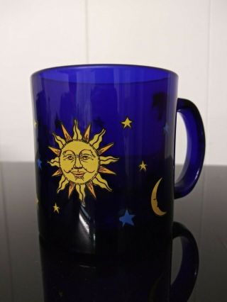 Vintage Libby Cobalt Blue Celestial Sun Moon Stars 12oz Glass Mug Cup