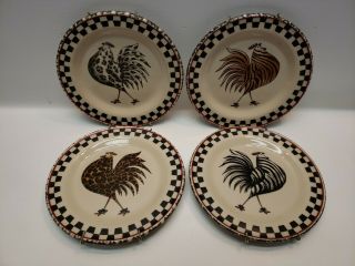 Henn Pottery Dinner Plates Rooster Chicken Spongeware Roseville Set Of 4 (983c)