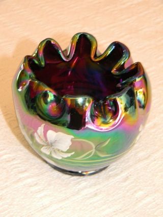 Rare Fenton Amethyst Carnival Glass Rose Bowl Candle Votive Hand Painted