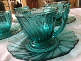 Teal Ultramarine Swirl Depression Glass 4 Cup And 4 Saucer Vintage 1937 - 1938