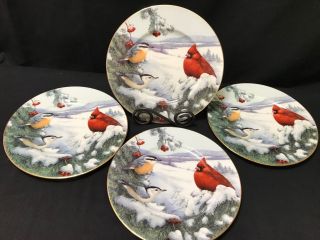 Lenox " Winter Greetings " Set Of 4 Accent Plates Cardinal & Nuthatch