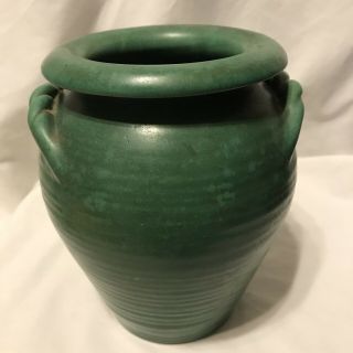 Old Vintage Art Pottery 6.  5 " Vase Matte Green Ribbed W/ Handles Unmarked