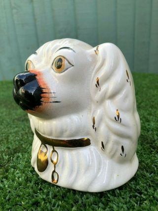 19thC STAFFORDSHIRE WHITE & GILT SPANIEL DOG ' S HEAD MONEY BOX c1890s 8