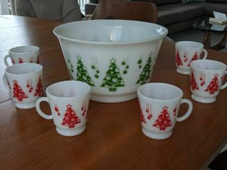 Mid - Century Milk Glass Egg Nog / Punch Bowl Set - Red And Green Chrismas Trees