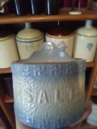 Blue And White Stoneware Salt Crock/antique/indian Peace Symbol