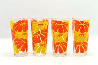 Retro Vintage Orange & Yellow Daisy Flower Glass Drinking Cup Set