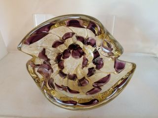 Vintage Murano Art Glass Ashtray Or Bowl - Purple With Gold Flakes - Thick Glass