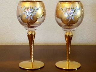 Czech Bohemian Wine Glasses W/24k Gold Gilt & Enameled Flowers