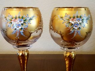 Czech Bohemian Wine Glasses W/24K Gold Gilt & Enameled Flowers 2