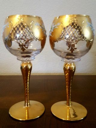 Czech Bohemian Wine Glasses W/24K Gold Gilt & Enameled Flowers 3