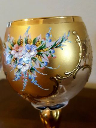 Czech Bohemian Wine Glasses W/24K Gold Gilt & Enameled Flowers 4