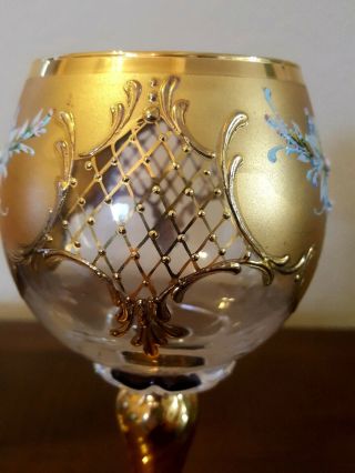 Czech Bohemian Wine Glasses W/24K Gold Gilt & Enameled Flowers 5