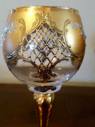 Czech Bohemian Wine Glasses W/24K Gold Gilt & Enameled Flowers 7