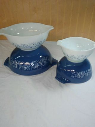 Vtg Pyrex Set Of 4 Colonial Mist Cinderella Nesting Mixing Bowls Blue White