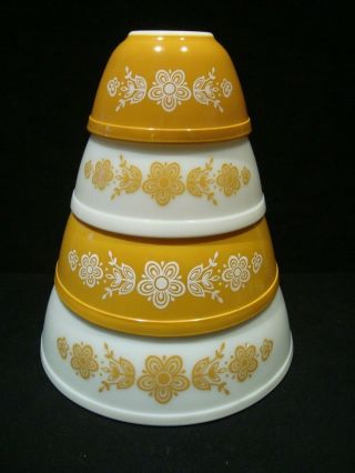 Set Of 4 Vintage Pyrex Mixing Bowls 401 402 403 404 Butterfly Gold