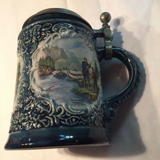 Antique German Beer Stein Tankard Marzi & Remy Canoe Stag Fly Fishing 5 1/2 " Blue