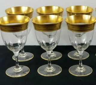 A Set Of 6 1920s - 30s Tiffin Stem Wine Glasses Gold Deco Top Rim & Foot
