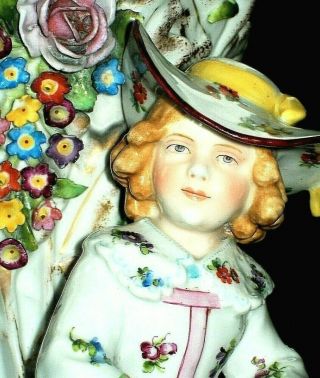 Antique German Dresden Schierholz Girl Doll Applied Flowers Porcelain Figurine