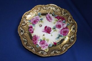 Antique H.  P.  Nippon 8 1/2 " Heavy Gold Moriage With H.  P.  Roses Low Bowl/plate