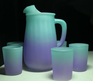 Vintage Green Purple Frosted Satin Glass Cocktail Water Juice Pitcher Glasses
