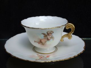 Antique Cac / Lenox / American Belleek Demi Cup & Saucer W/ Cherubs & Insects