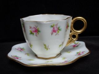 Cac / Lenox / American Belleek Miniature Cup And Saucer W/ Pink Roses & Sprigs