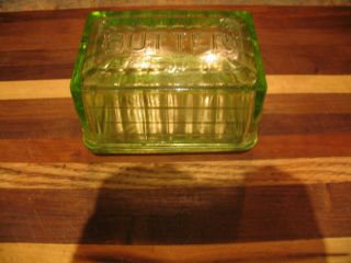 Anchor Hocking Block Optic Green Fluorescent 1 Lb Butter Dish And Lid