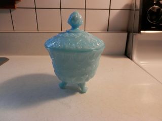 Fenton Blue Satin Milk Glass 3 Legged Candy Bowl Dish With Lid
