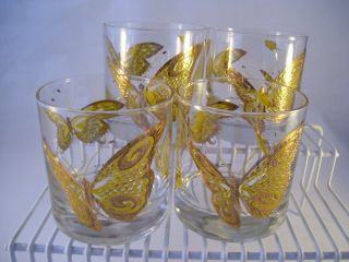 Vintage Culver Barware (4) Double Old Fashioned Glasses 22k Gold Butterflies