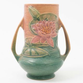 Vintage Roseville Pottery Deco Water Lily Vase 76 - 8 In Pink & Turquoise 8 - 1/4 " T