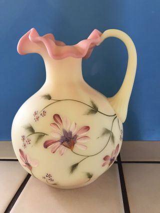 Fenton Art Glass Burmese Pitcher 6 3/4” Tall: Hand Painted And Signed