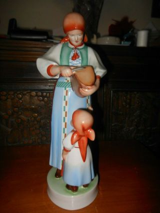 Vintage Zsolnay Hungary Porcelain Woman & Child Signed Art Statue Sculpture