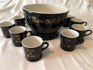 Vintage Hall Pottery Tom & Jerry Bowl & 10 Mugs Black White Gold Trim Christmas